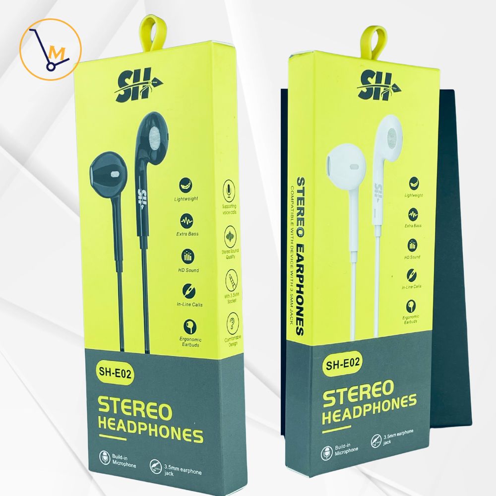 Ecouteurs SH Stéréo MODEL E-02 avec Micro et Contrôleur de Volume pour tous les téléphones